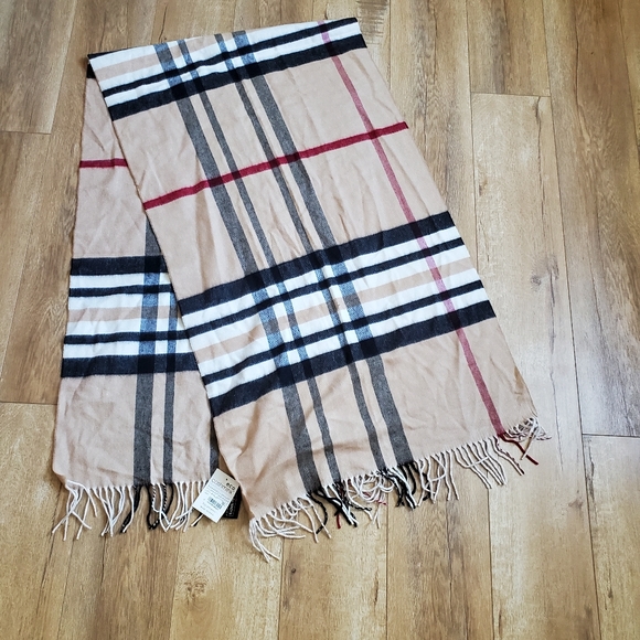 V.Fraas Macy's Plaid Woven Cashmink Wrap Fringe Camel Scarf 74x21in - Picture 1 of 3